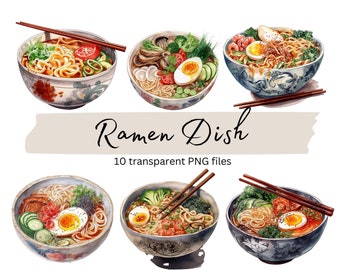 Ramen plat Clipart Bundle, PNG Transparent, nouilles, téléchargement numérique, aquarelle nourriture Clipart, fabrication de cartes, Junk Journal, usage Commercial