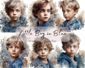 Little Boy Watercolor Clipart Bundle, Transparent PNG, Digital Download, Portrait Card Making, Cute boy clipart Illustration, Commercial Use
