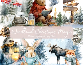May include: Watercolor illustration featuring woodland animals in a snowy forest scene. A bear reads a book, an owl flies, and a rabbit holds a candy cane. The text "Woodland Christmas Magic" is displayed.