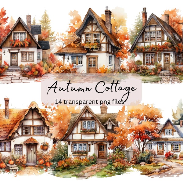 Autumn Cottage Watercolor Clipart Bundle, Transparent PNG, landscape house fall, Instant Download, Scrapbook, Junk Journal, Commercial Use