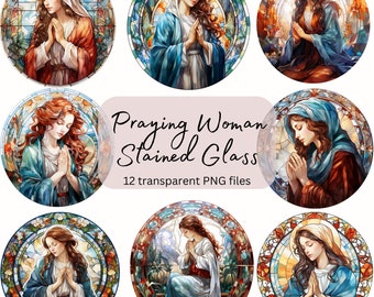 Christmas Praying Woman Stained Glass Clipart Bundle, transparent PNG, Holiday Card Making, Ornament, Paper craft, Junk Journal Scrapbooking