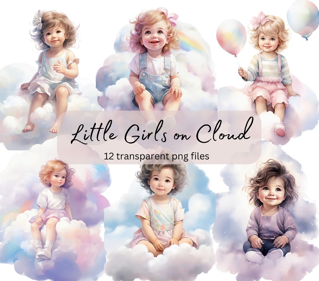 Little Girl Pastel Cloud Watercolor Clipart Bundle, Transparent PNG