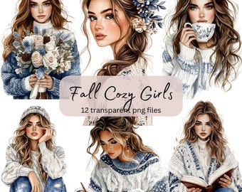 May include: A digital illustration set of 12 cozy girls in sweaters and jeans. The girls are depicted in various poses, including holding a bouquet of flowers, reading a book, and holding a cup of coffee. The illustrations are in a soft, pastel color palette and have a whimsical feel.