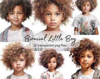 Biracial Little Boy Watercolor Clipart Bundle, Transparent PNG, Digital Download, Card Making, Cute boy clipart Illustration, Commercial Use