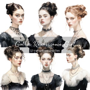 Gothic Renaissance Girl Watercolor Clipart Bundle, Transparent PNG,Digital Download,People Card Making Scrapbook Junk Journal Commercial Use