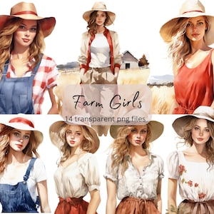 Ferme filles aquarelle Clipart Bundle, PNG Transparent, téléchargement numérique, Junk Journal Scrapbooking, jolie fille Clipart, usage Commercial