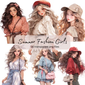 Pacote de clipart em aquarela para meninas da moda de verão, PNG transparente, download digital, confecção de cartões de moda para meninas bonitas, fantasia sonhadora, papercraft