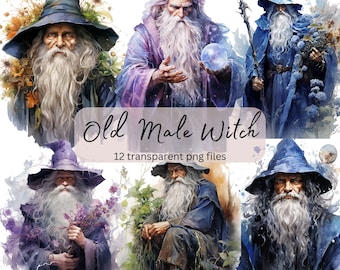 Old Male Witch Aquarelle Clipart Bundle, PNG transparent, Téléchargement numérique, Fabrication de cartes d’Halloween, Illustration de sorcellerie, Utilisation commerciale