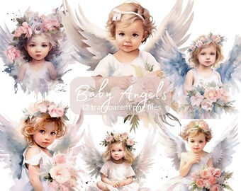 Baby Girl Angels Watercolor Clipart Bundle, transparent PNG,  Cute Girls Clipart, Fantasy illustration,Paper craft,Junk Journal Scrapbooking