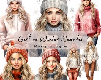 Girl in Winter Sweater Watercolor Clipart Bundle, Transparent PNG, Digital Download, Card Making, Woman clipart Illustration, Commercial Use
