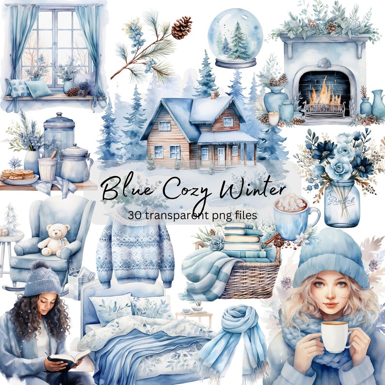 Pode incluir: Um conjunto de ilustra&ccedil;&otilde;es de aquarela que representam cenas de inverno em tons azuis. O conjunto inclui uma cabana aconchegante, uma lareira, um globo de neve, uma floresta de inverno, uma x&iacute;cara de chocolate quente, um urso de pel&uacute;cia, um livro, uma echarpe, um cobertor e uma menina com um chap&eacute;u de inverno. O conjunto &eacute; perfeito para criar artesanato, cart&otilde;es e convites com tema de inverno.