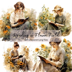 Pacote de clipart de aquarela de leitura de senhora vintage, PNG transparente, clipart de menina estudando, amante de livros, artesanato em papel, álbum de recortes de diário de lixo
