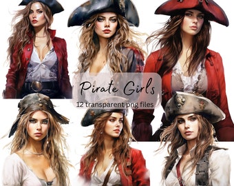 May include: A digital illustration set of 12 pirate girls with different hairstyles and clothing. Each girl is wearing a pirate hat and has a determined expression on her face. The illustrations are in a cartoon style and are perfect for use in digital projects.