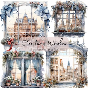May include: Four watercolor illustrations of windows with a snowy cityscape view. Each window is decorated with a garland of pine branches and red berries. The text "Christmas Window" and "12 transparent png files" is displayed below the windows.