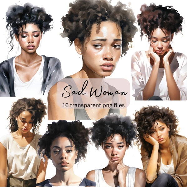 Sad Black Woman Watercolor Clipart Bundle, Transparent PNG,Digital Download,People Fashion Card Making Scrapbook Junk Journal Commercial Use