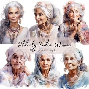 Pacchetto di clipart dell'acquerello della donna indiana anziana, PNG trasparente, download digitale, creazione di cartoline, illustrazione clipart di persone anziane, uso commerciale