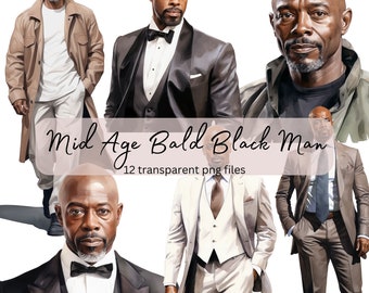 Paquete de imágenes prediseñadas de acuarela de hombre negro calvo de mediana edad, PNG transparente, retrato de personas, descarga digital, diario basura de álbum de recortes de tarjetas