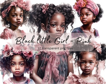 Black Little Girl Watercolor Clipart Bundle, Transparent PNG, Digital Download, Card Making, People clipart Illustration, Commercial Use