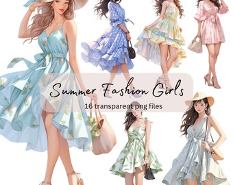 Summer Vacay Girl Watercolor Clipart, Transparent PNG, Digital Download, Card Making Anime Girl Fashion clipart Illustration, Commercial Use