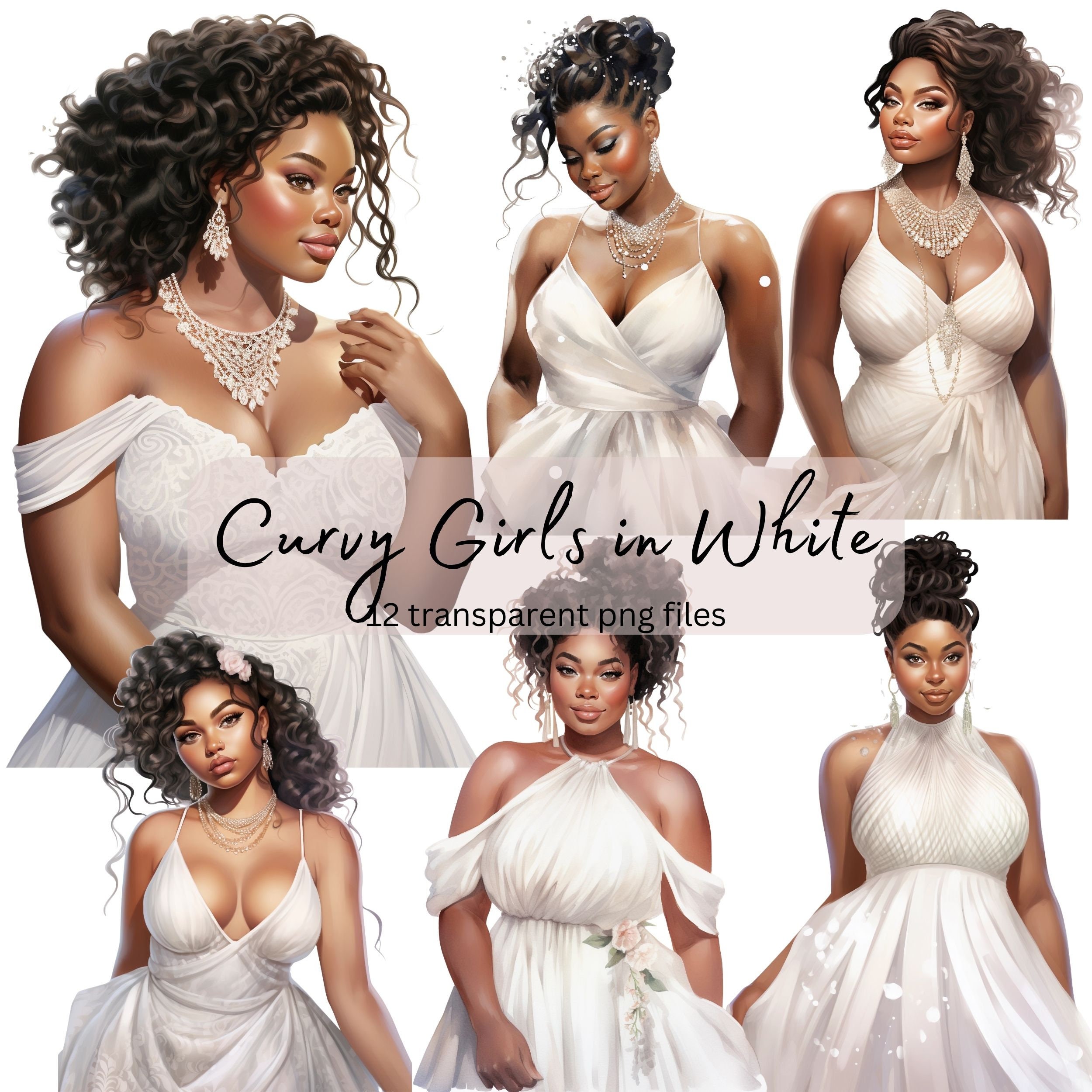 Curvy Girls White Dress Watercolor Clipart Transparent PNG