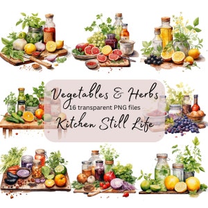 Op de afbeelding: Een aquarel-illustratie van een stilleven in de keuken met groenten en kruiden. De illustratie bevat een verscheidenheid aan verse producten, waaronder citroenen, limoenen, druiven, uien, knoflook en pepers. Er zijn ook potten met ingemaakt voedsel, flessen met olie en azijn, en een houten snijplank.