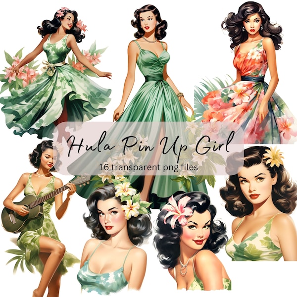 Hula Pin Up Girls Watercolor Clipart Bundle, transparent PNG, Pretty girl vintage ,Paper craft,Junk Journal Scrapbooking ,Commercial Use