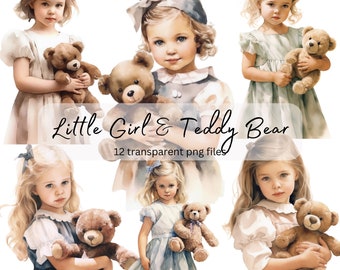 Little Girl Teddy Bear Acuarela Clipart Bundle, PNG transparente, Cute Girls Clipart, Sublimación, Arte de papel, Junk Journal Scrapbooking