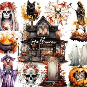 Halloween Aquarell Clipart Bundle, transparentes PNG, digitaler Download, Kartenherstellung, Junk Journal Scrapbooking, Papier Handwerk, kommerzielle Nutzung