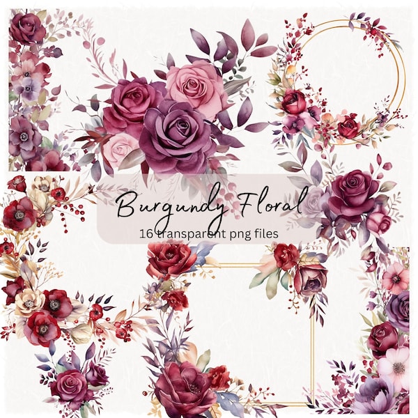 Burgundy Floral Watercolor Clipart Bundle, Transparent PNG,Digital Download Card Making,Wedding Flowers Frame Border Clipart, Commercial Use