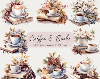 May include: Watercolor illustrations of coffee cups and books. The illustrations feature a variety of floral arrangements, including white flowers, red berries, and fall leaves. The coffee cups are filled with coffee and are sitting on top of stacks of books. The text "Coffee & Books" and "12 transparent PNG files" is included in the image.