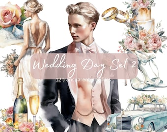 Wedding Clipart Bundle Watercolor, Transparent PNG, Scrapbook, Junk Journal Bride Groom Clipart, Digital Download, Scrapbook, Commercial Use