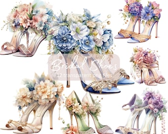 Bridal Shoes Flowers Watercolor Clipart Bundle, Transparent PNG, wedding clipart, Digital Download, Card Making Paper Craft, Commercial Use