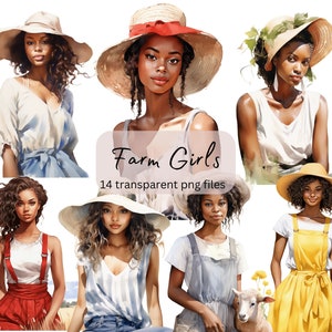 Ferme filles aquarelle Clipart Bundle, PNG Transparent, téléchargement numérique, Junk Journal Scrapbooking, jolie fille Clipart, usage Commercial