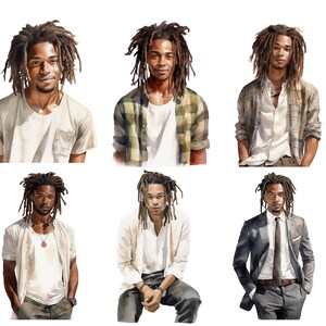 May include: Watercolor illustrations of a person with dreadlocks in various outfits. The images showcase the person in a t-shirt, a plaid shirt, a blazer, and other casual and formal attire. The style is artistic and expressive.