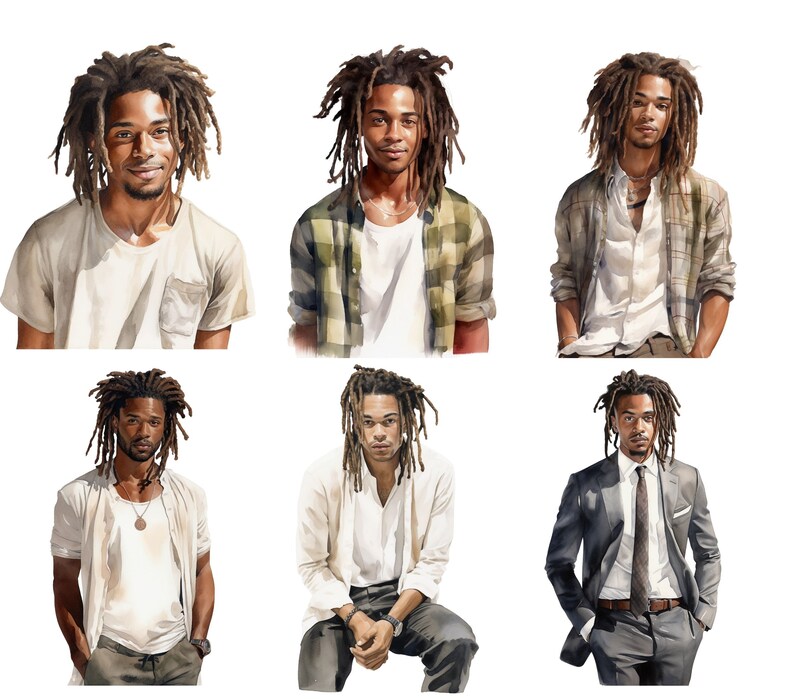 May include: Watercolor illustrations of a person with dreadlocks in various outfits. The images showcase the person in a t-shirt, a plaid shirt, a blazer, and other casual and formal attire. The style is artistic and expressive.