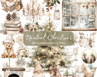 Neutral Christmas, Winter Cozy Holiday Watercolor Clipart Bundle, Transparent PNG, Digital Download, Card Making Scrapbooking, Cottagecore