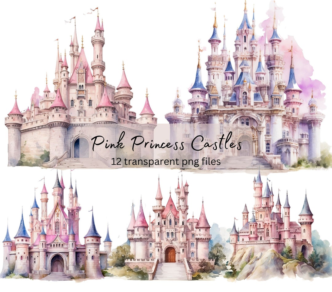 Pink Princess Castle Watercolor Clipart Bundle,transparent PNG, Fantacy ...