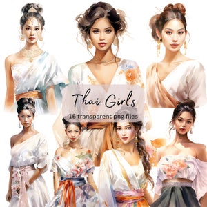 Thai Girls Watercolor Clipart Bundle,Transparent PNG,Digital Download,Pretty Woman Fashion Card Making Scrapbook Junk Journal Commercial Use