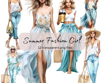 Summer Fashion Girls Watercolor Clipart Bundle, Transparent PNG, Digital Download, Card Making Beautiful Woman Lady, Model Illustration aqua