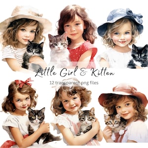 Petite fille avec chaton chat aquarelle Clipart Bundle, PNG Transparent, téléchargement numérique, fabrication de cartes, Illustration mignonne, usage Commercial
