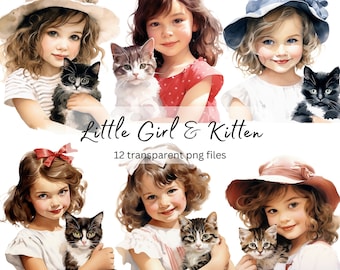 Little Girl with Kitten Cat Watercolor Clipart Bundle, Transparent PNG, Digital Download, Card Making, Cute Illustration, Commercial Use