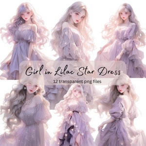 Bundle de cliparts aquarelle fille en robe étoile lilas, PNG Transparent, téléchargement numérique, jolie fille anime, fabrication de cartes, travaux de papeterie, journal indésirable
