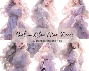 Girl in Lilac Star Dress Watercolor Clipart Bundle, Transparent PNG, Digital Download, Pretty Anime Girl,Card Making,Papercraft,Junk Journal