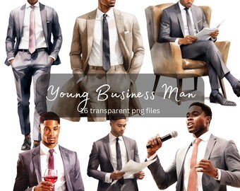 Young Business Man Watercolor Clipart Bundle, Transparent PNG, Digital Download, Fashion Card Making Scrapbook Junk Journal Commercial Use