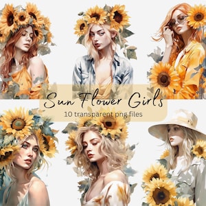 Sunflower Girls Watercolor Clipart Bundle, Transparent PNG, Digital Download, Pretty Girls Card Making Scrapbook Junk Journal Commercial Use