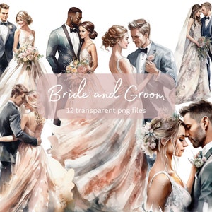 Pacote de clipart aquarela de noiva e noivo, PNG transparente, clipart romântico de casamento, download digital, criação de cartão de scrapbook, uso comercial