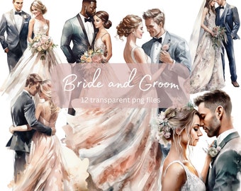 Bride and Groom Watercolor Clipart Bundle, Transparent PNG, Wedding Romantic clipart, Digital Download, Scrapbook Card Making,Commercial Use