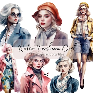 Mode rétro fille aquarelle Clipart Bundle, PNG Transparent, téléchargement numérique, carte faisant femme, mode clipart Illustration, utilisation commerciale