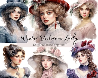 Winter Victorian Lady Vintage Watercolor Clipart Bundle, Transparent PNG, Digital Download,Card Making Scrapbook Junk Journal Commercial Use