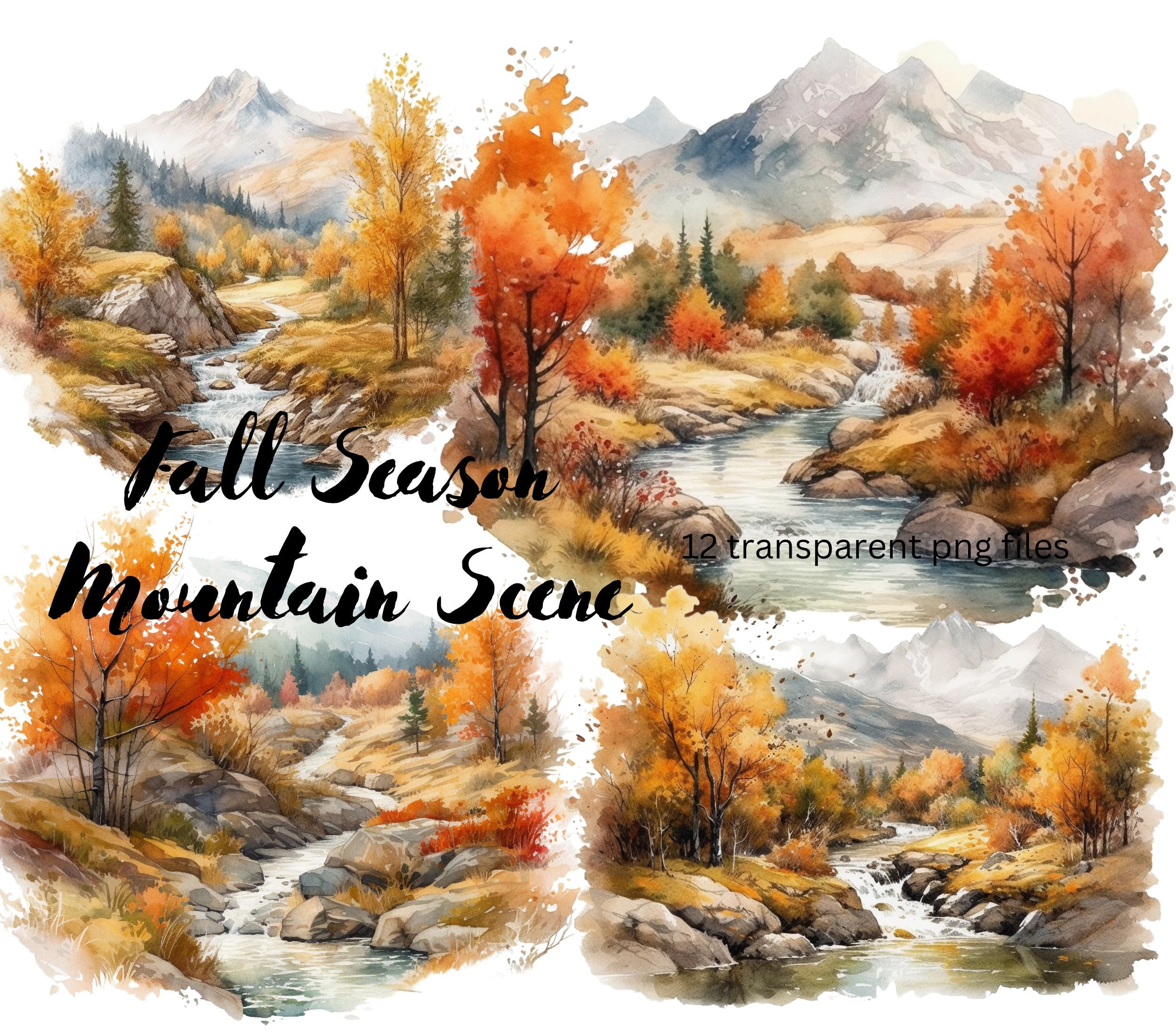 Autumn Mountains Watercolor Clipart Bundle, Transparent PNG, landscape clipart,  Instant Download, Scrapbook, Junk Journal, Commercial Use